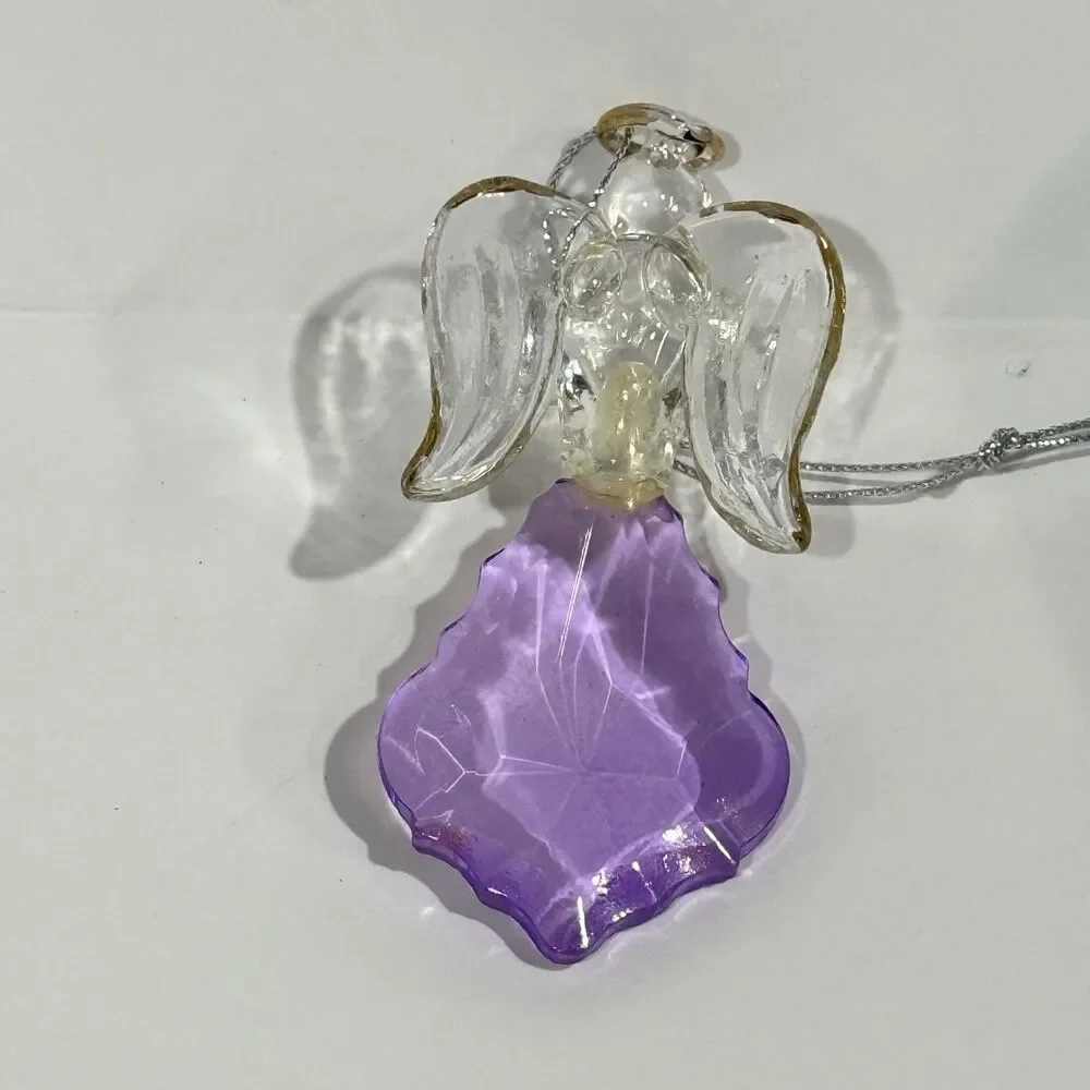 Glass Angel Ornament Purple Crystal Gold Trim Open Book Figurine Boxed